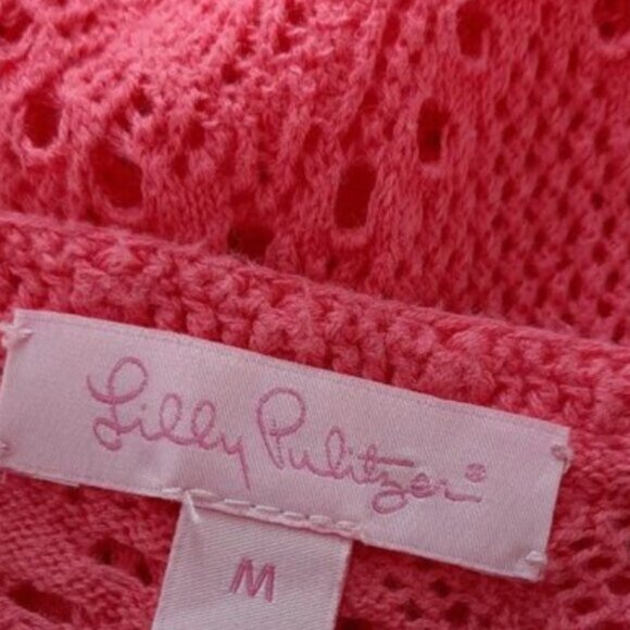 LILLY PULITZER / Pom-Pom Trim V-Neck Knit / Crochet Tunic Top Bright Pink Sz M - Picture 15 of 16